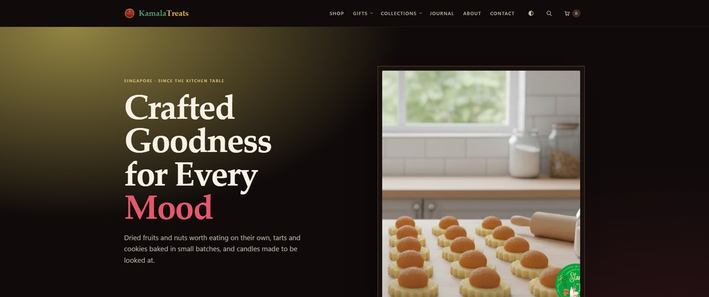The live KamalaTreats homepage: a dark storefront with the headline "Crafted Goodness for Every Mood" beside a photo of freshly baked pineapple tarts.